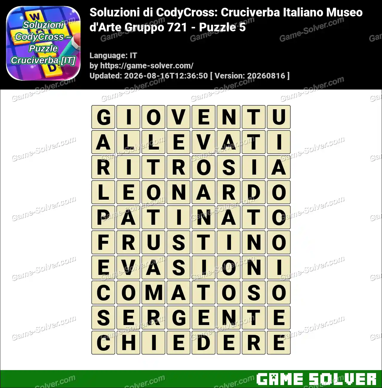 Soluzioni di CodyCross: Cruciverba Italiano Museo d’Arte Gruppo 721 – Puzzle 5